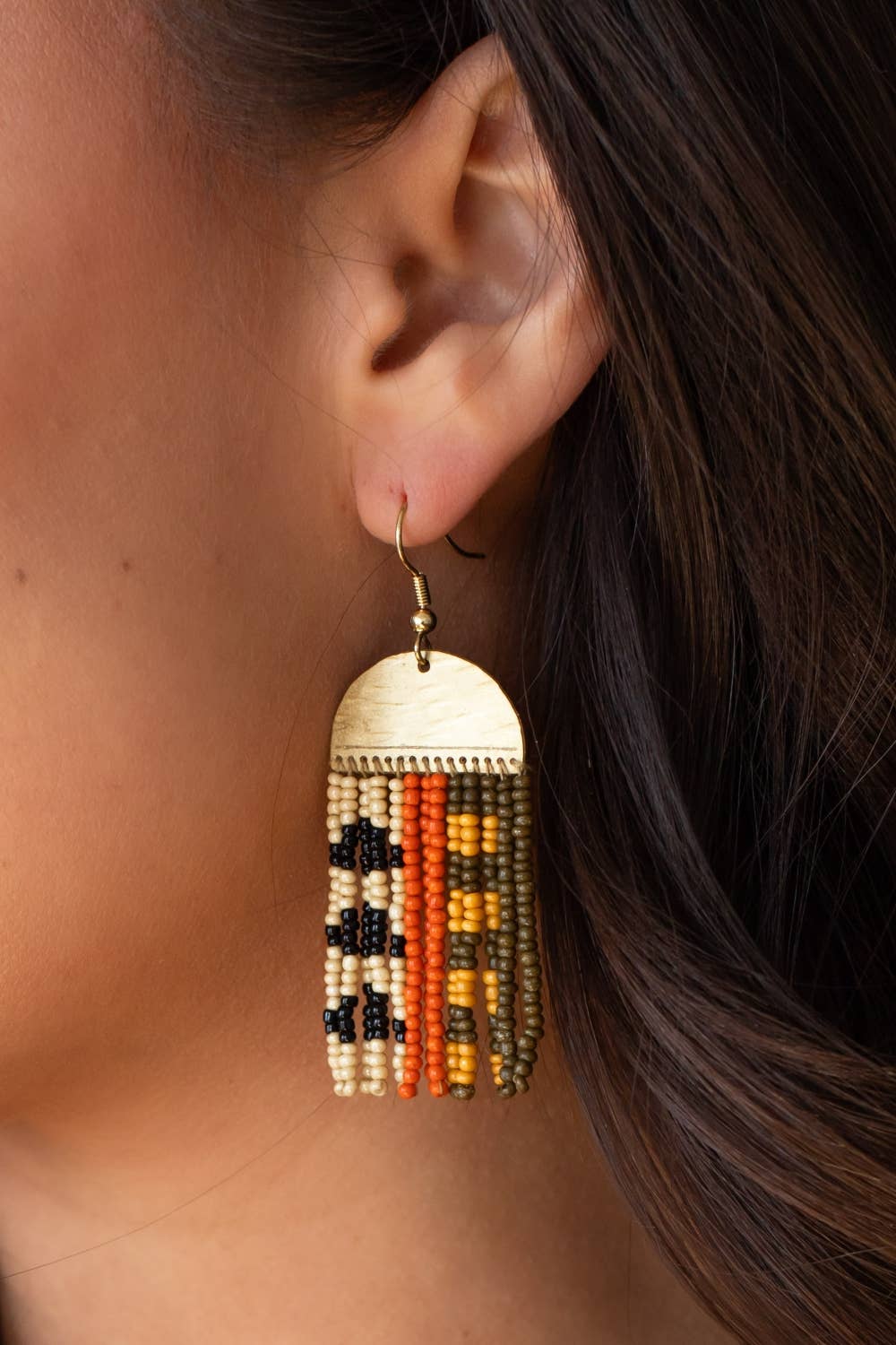 Gold, Olive & Orange Fringe Earrings