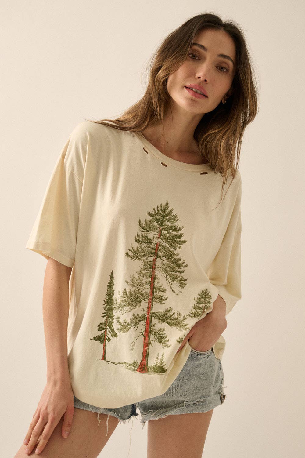 Pine Trees Distressed Oversize Graphic Tee